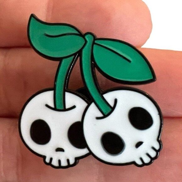 Cherry Skull Heads Enamel Pin Super Cute - Picture 4 of 8